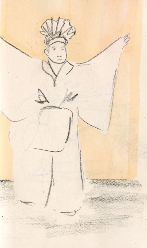 Pencil drawing of a Japanese dancer in white kimono, with her arms extended